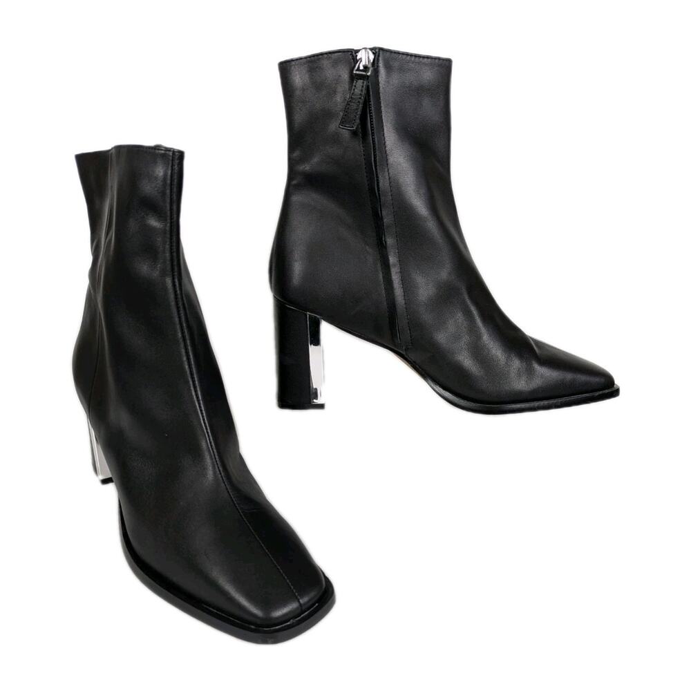 LINEA PAOLO Black Leather Valentin Heeled Ankle Bootie Square Toe Women's 9.5